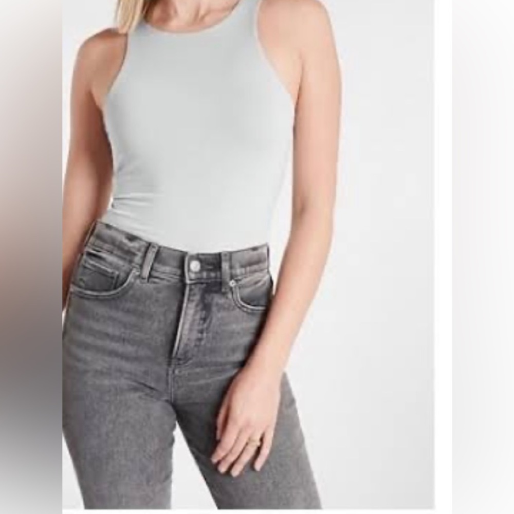 EXPRESS Body Contour Sleeveless High Neck Thong Bodysuit XS gray top blouse